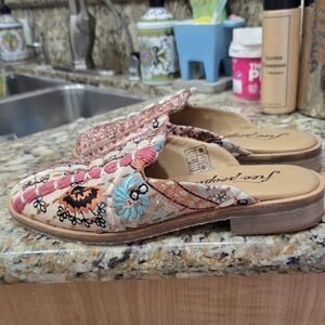 Free People Floral Embroidered Mules - Pink and Blue